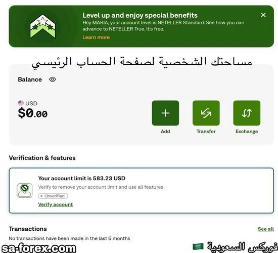 تهانيناً بذلك تم فتح حساب في Neteller وتنتقل بعدها إلى صفحة حسابك الرئيسية