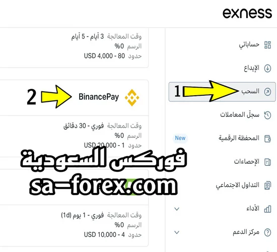 السحب من exness بإستخدام Binance Pay